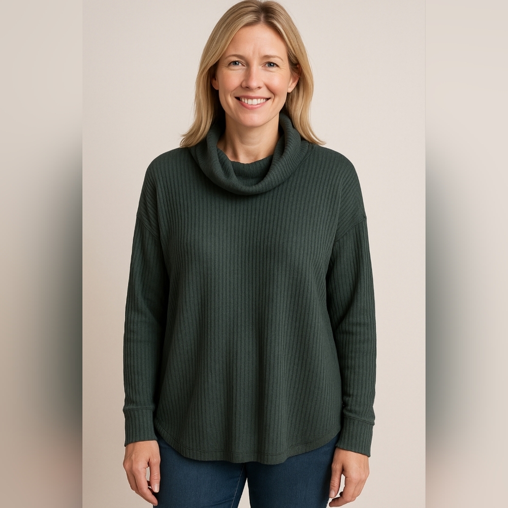 NWT- Women's Waffle-knit Cowl Neck Sweater - Dark Green